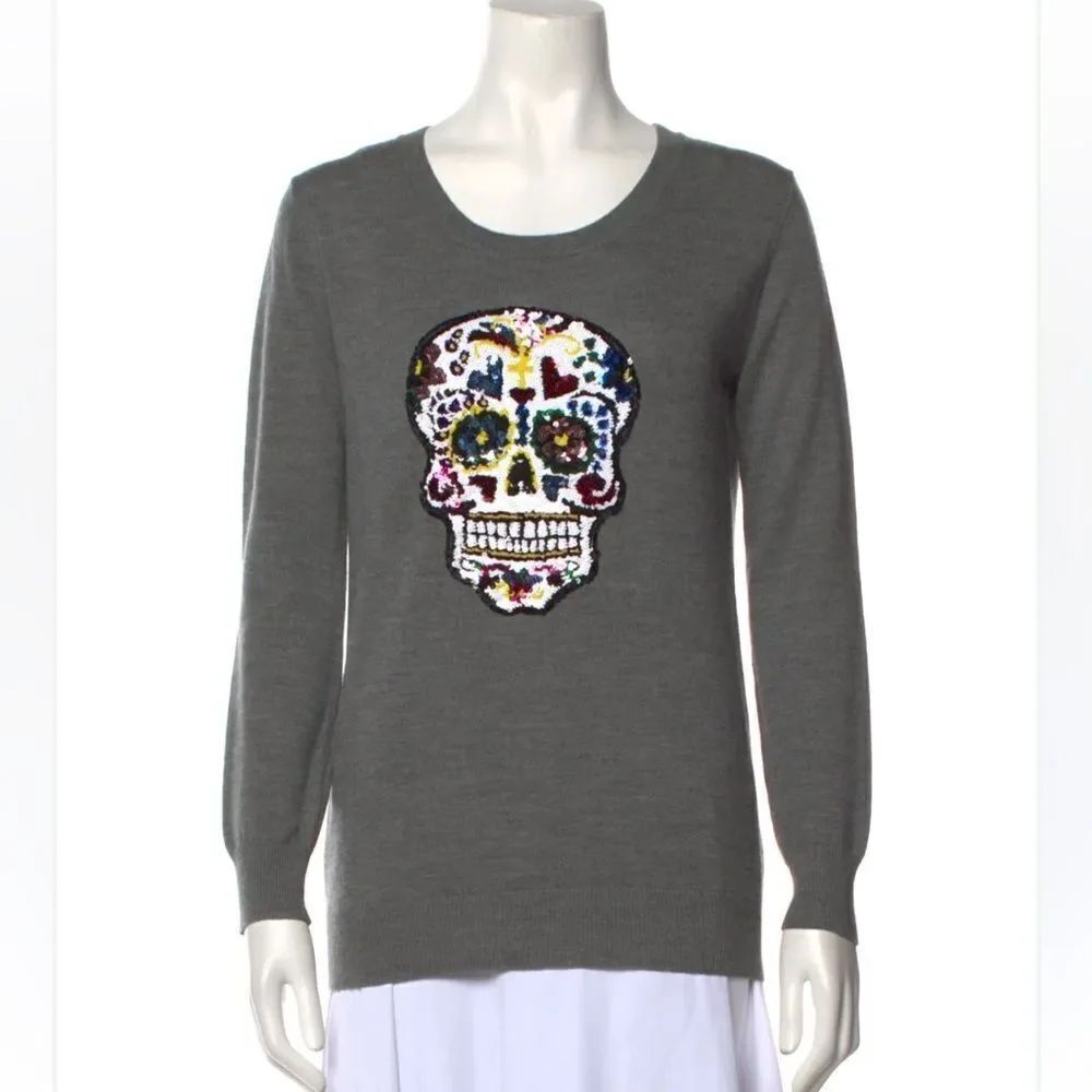 Markus Lupfer Gray Sequin Skull Sweater